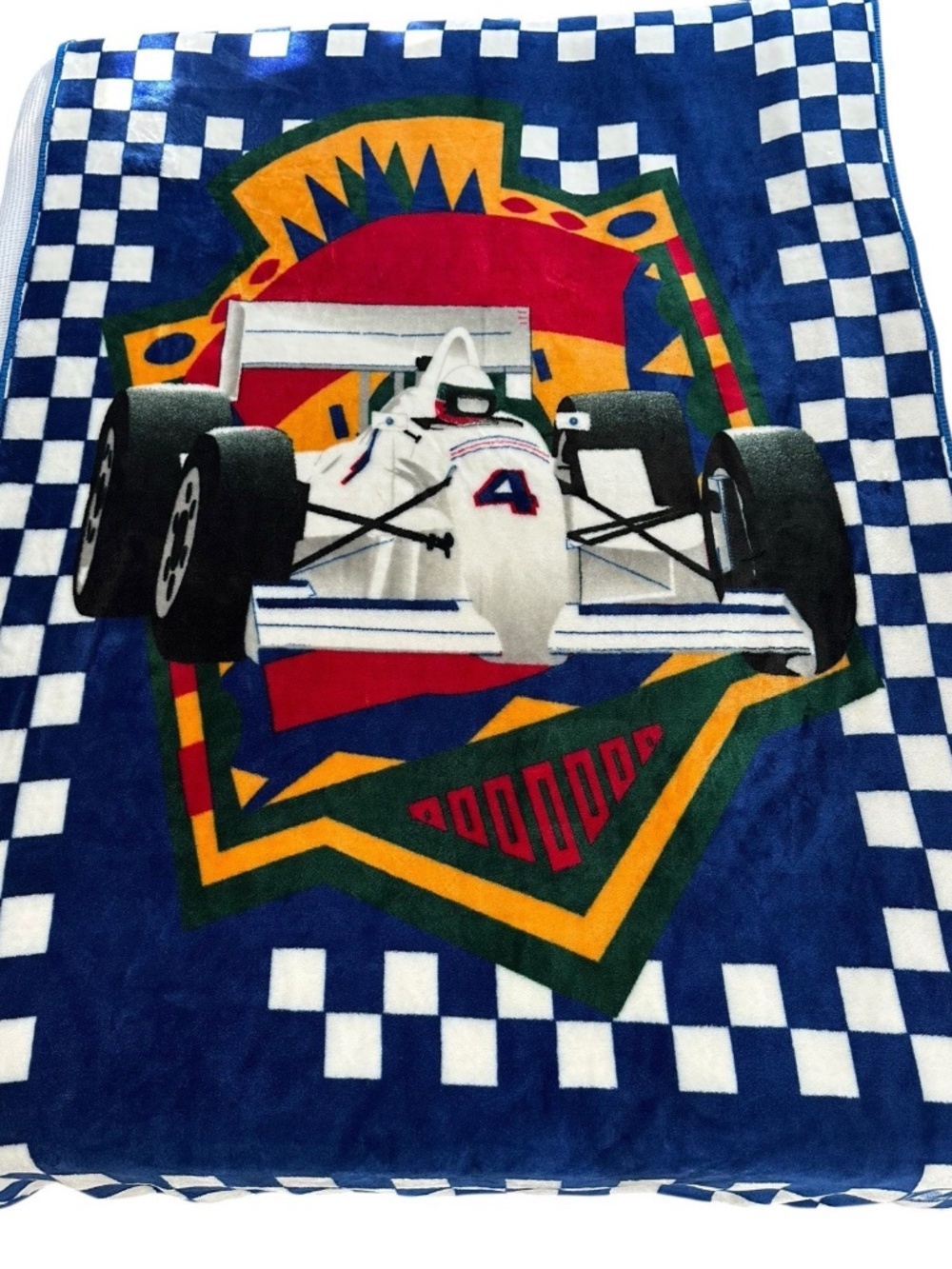 Vintage Novatex Formula 1 Race Car Plush Blanket Checkered Flag Blue White 92x59